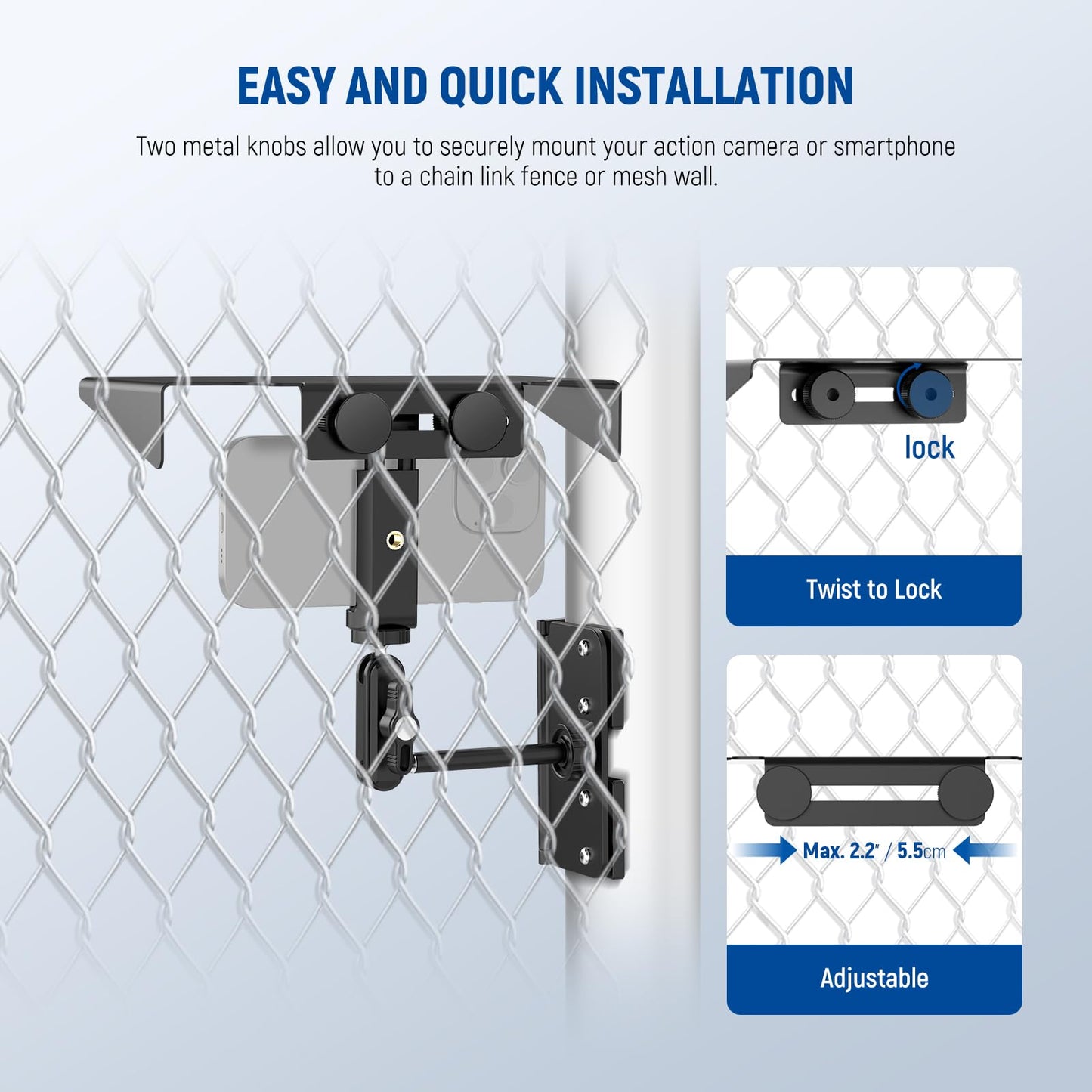NEEWER Magnetic Phone Fence Mount with Shade Compatible with iPhone Mevo Start GoPro Insta360 DJI Pocket Radar Gamechanger, Baseball Tennis Games
