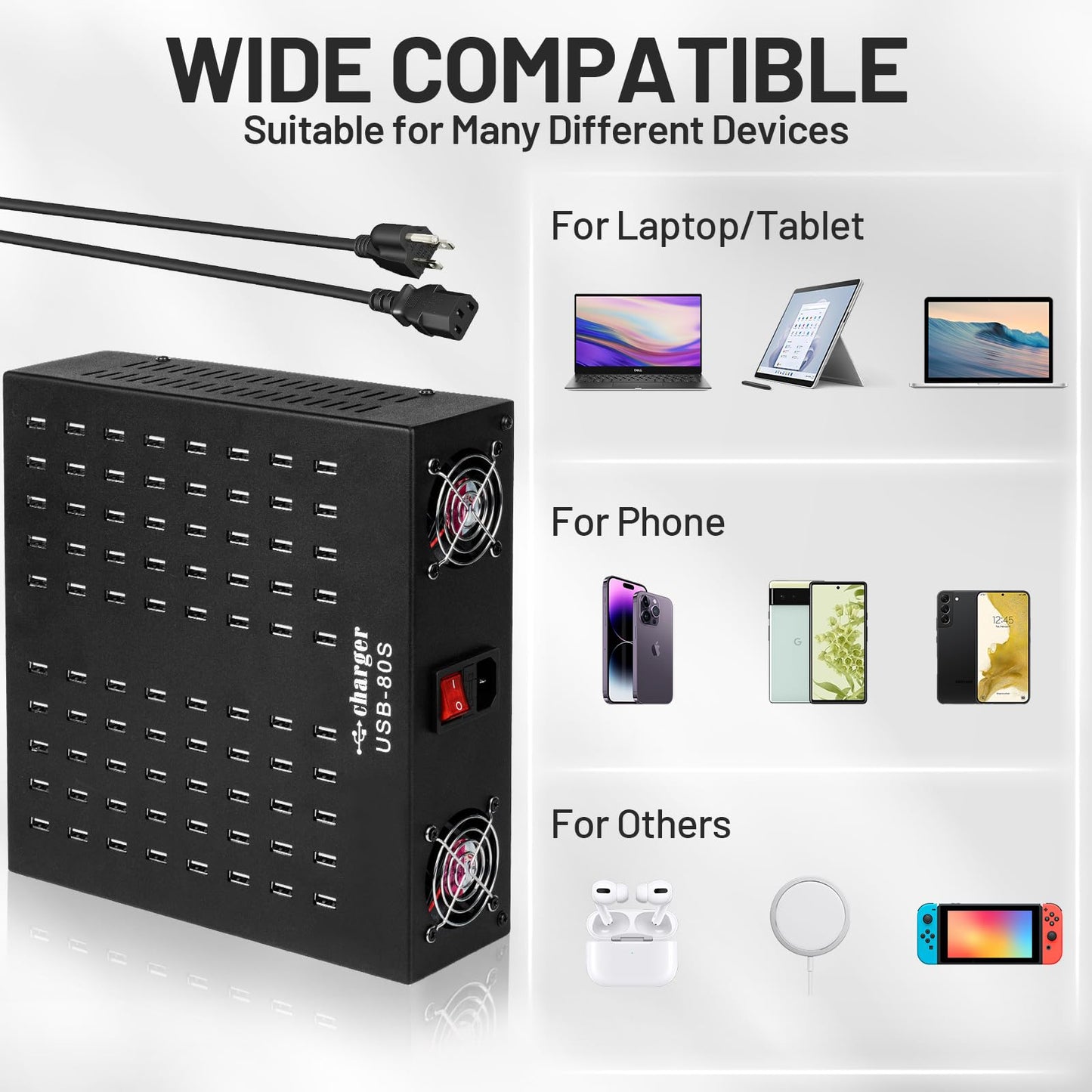 Multiple USB Charging Station, MIXILIN 80 Ports 800W(150A) Fast Charger Station with Power Switch, Desktop Charging Station for Multiple Devices