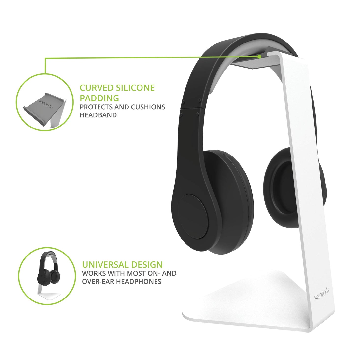 Kanto H1 Universal Headphone Stand - White - Solid Steel Construction - Curved Silicone Resting Surface