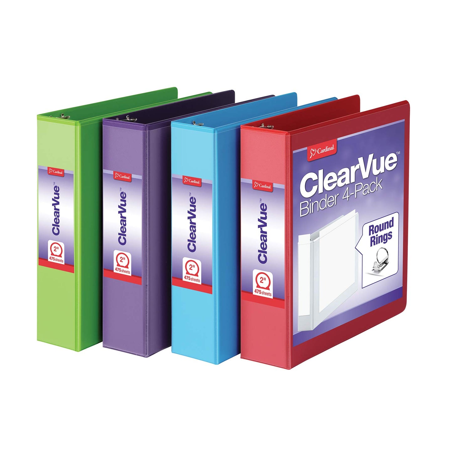 Cardinal 3 Ring Binders, Binders for School and Office, Durable 2 Inch Binder with Round Rings, Holds 475-Sheets, ClearVue Covers, Non-Stick