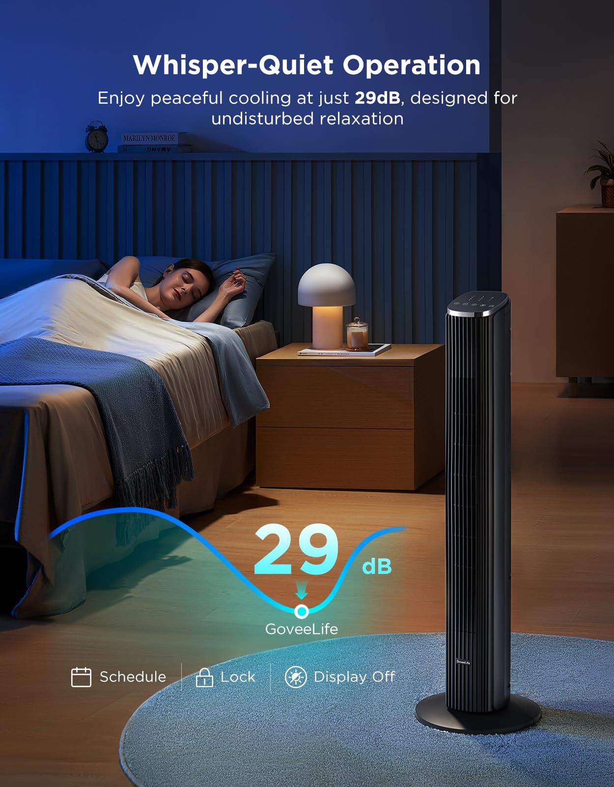 GoveeLife 36 in. Black Tower Fan for Bedroom, 5 Modes 8 Speeds up to 25ft/s