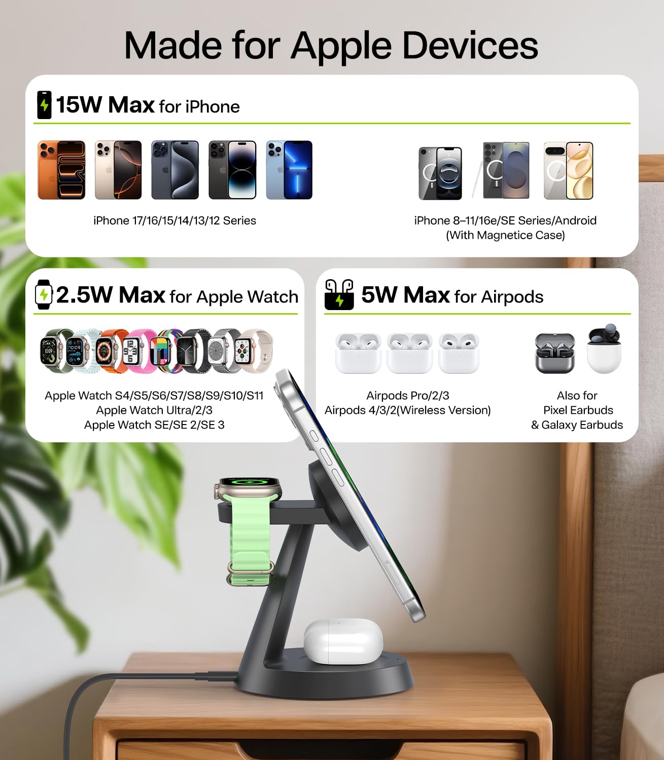 3 in 1 Charging Station for Apple Devices, 15W Fast Wireless Charger Compatible with MagSafe Charging Stand for iPhone 17 16 15 14 13 12, Watch