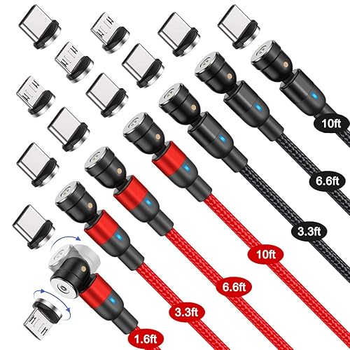 Bojianxin 540 Rotation Magnetic Charging Cable (7-Pack, 1.6ft/3.3ft/3.3ft/6.6ft/6.6ft/10ft/10ft) - 3 in 1 Magnetic Phone Charger Compatible with Micro