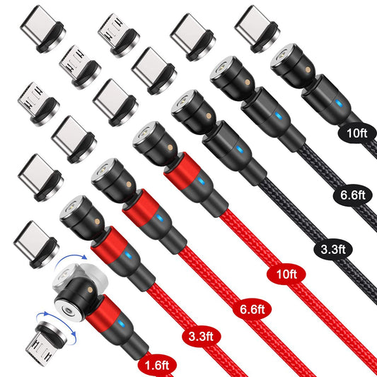 Bojianxin 540 Rotation Magnetic Charging Cable (7-Pack, 1.6ft/3.3ft/3.3ft/6.6ft/6.6ft/10ft/10ft) - 3 in 1 Magnetic Phone Charger Compatible with Micro