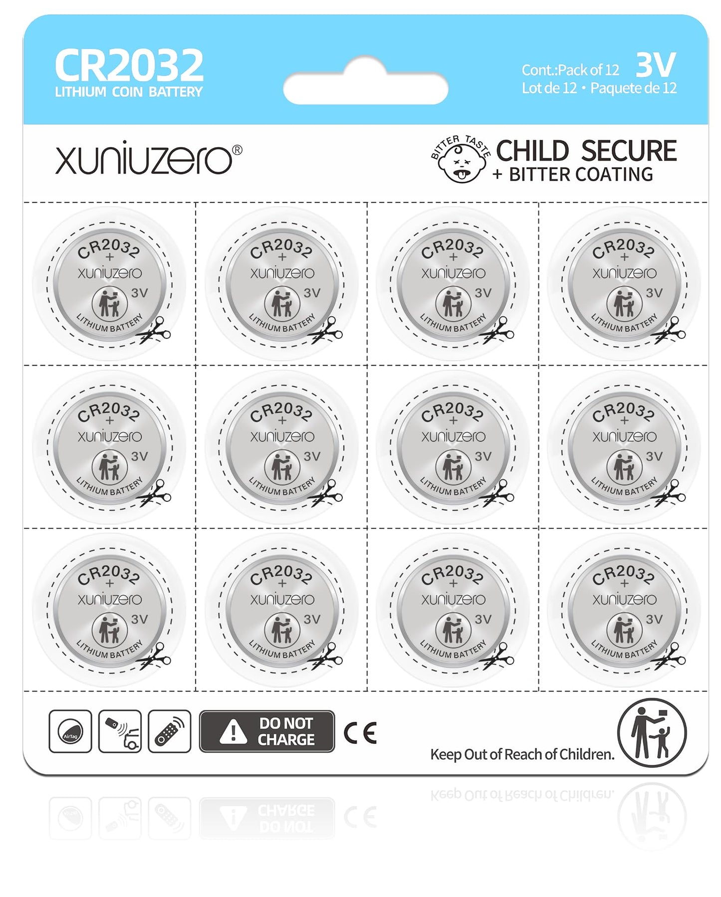 XUNIUZERO 2032 Lithium Battery (12 Pack) Child Safety Features Compatible with AirTag Key Fob Tea Light Candles and Other Devices CR2032 3V Coin…
