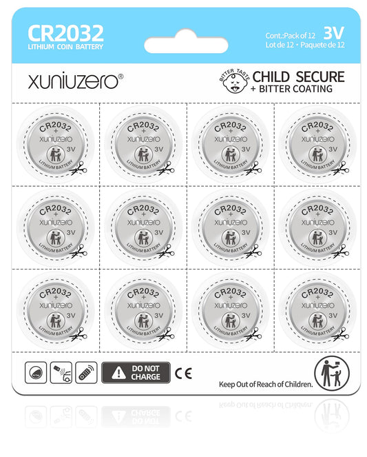XUNIUZERO 2032 Lithium Battery (12 Pack) Child Safety Features Compatible with AirTag Key Fob Tea Light Candles and Other Devices CR2032 3V Coin…