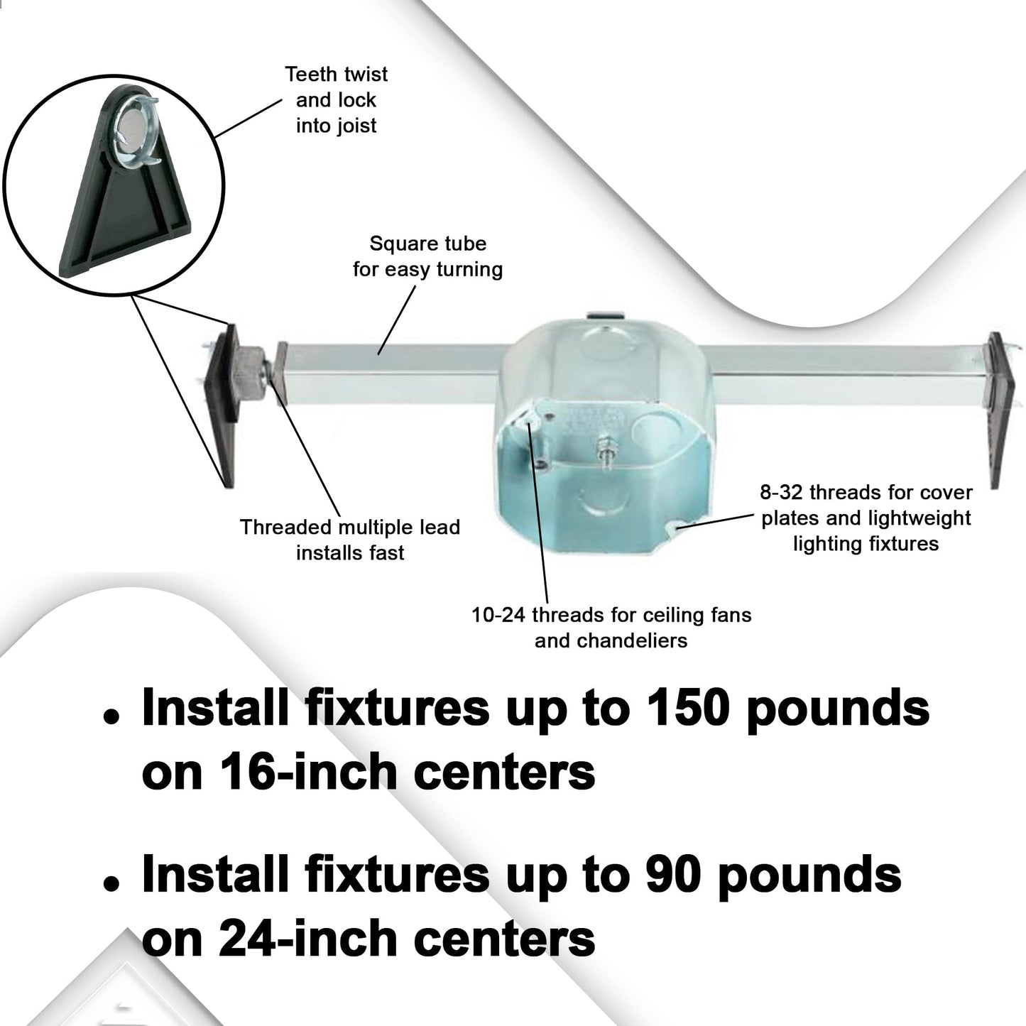 Ciata Ceiling Fan Mounting Bracket, Saf-T-Brace with Locking Teeth, 3 Teeth, Larger Box for High Wire Capacity, Twist and Lock with 2-1/8 Inch Ceiling