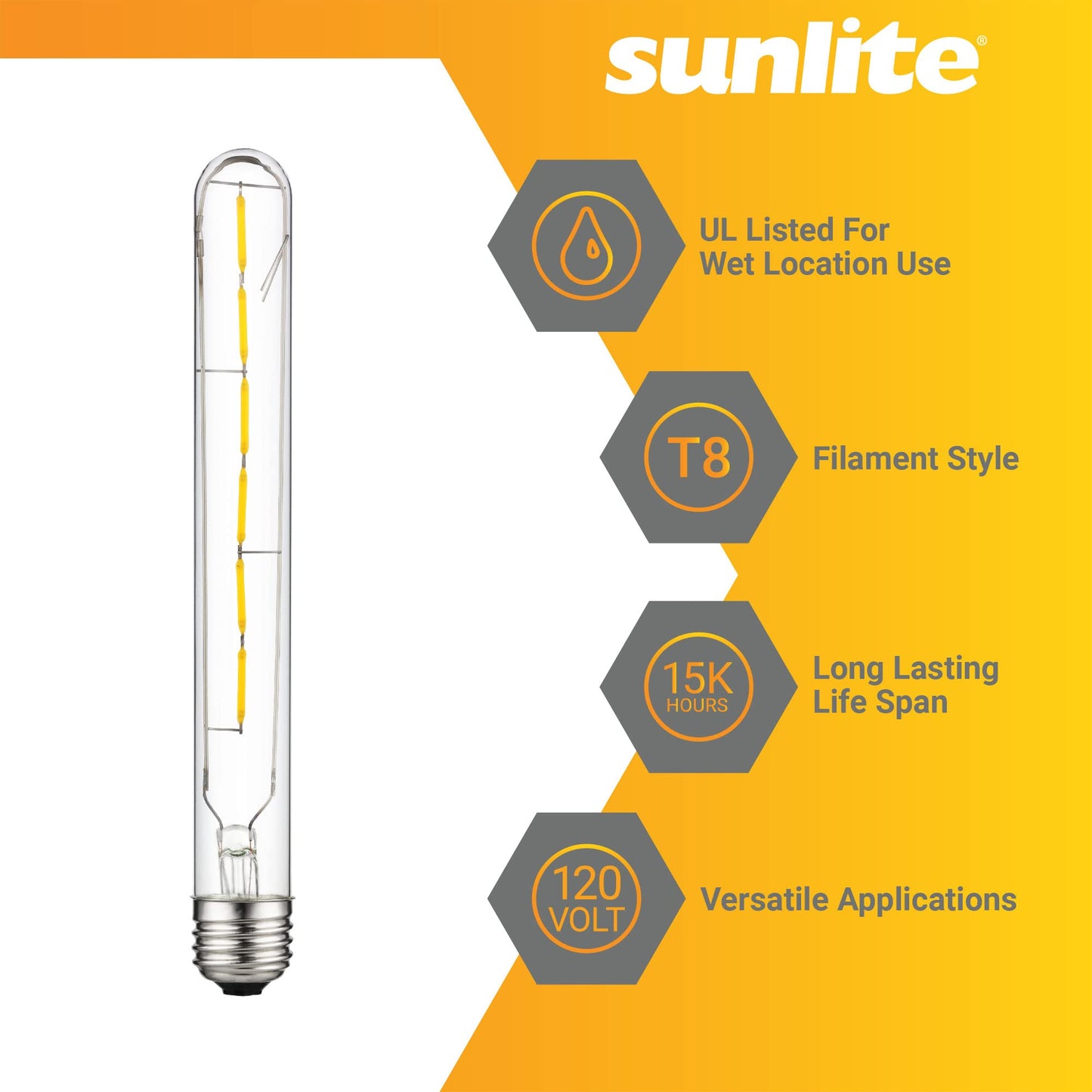 Sunlite LED Filament T8 Tubular Light Bulb, 5 Watts (40W Equivalent), 430 Lumens, Medium E26 Base, Dimmable, 214 mm, UL Listed, 2700K Soft White, 6