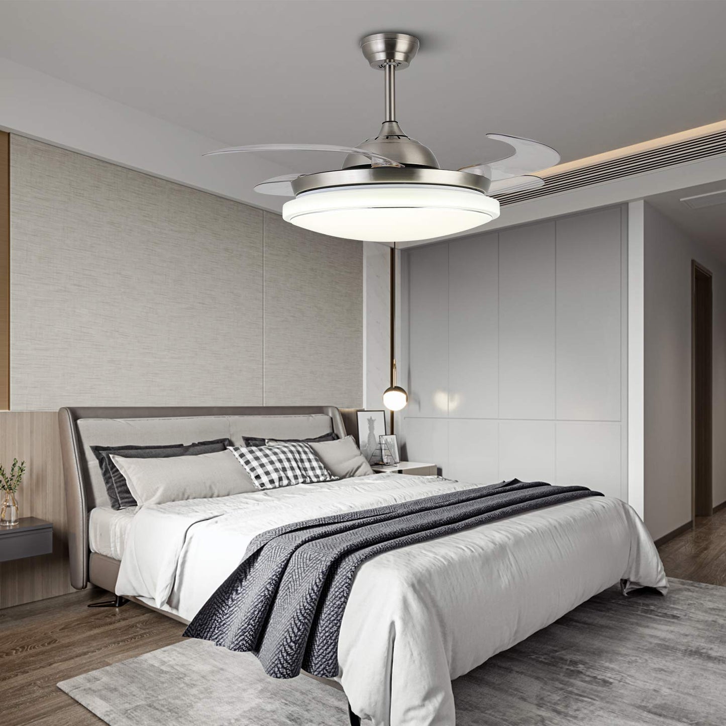 42" Invisible Ceiling Fan Light, Modern Fan Chandelier with LED Light Remote Control, 3 color changes, 4 Invisible Clear ABS Blades Livingroom