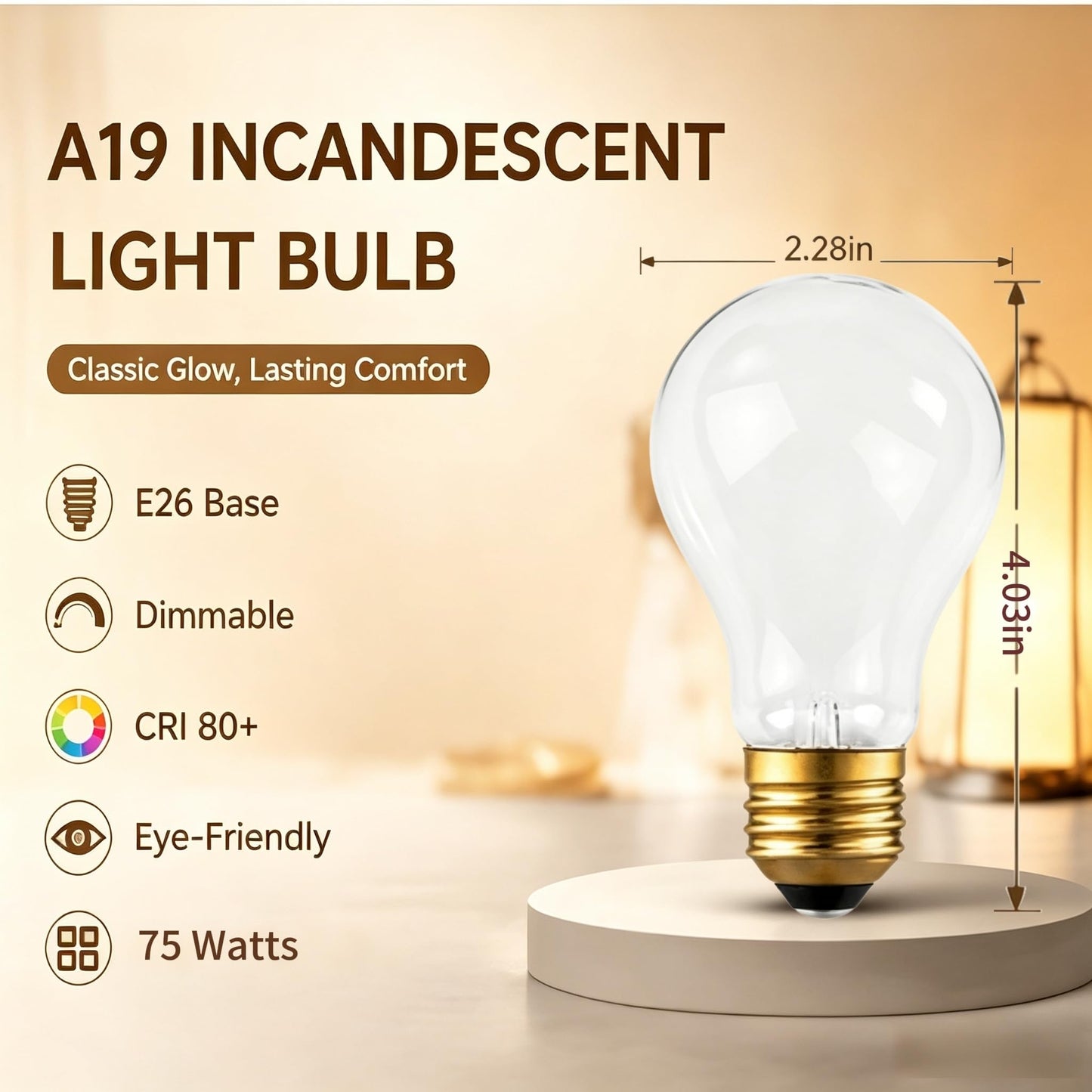 IWOPAN 75W Incandescent Light Bulbs, Frosted A19, E26 Base, 4 Pack