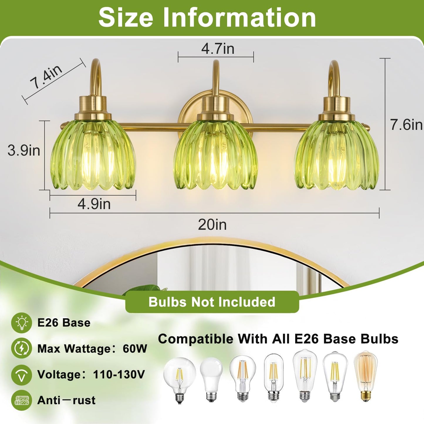 UnicozoHome Bathroom Light Fixtures (3-Light, 20 Inch), Brushed Gold Vanity Lights for Bathroom with Ribbed Green Tulip Glass Shade, Vintage Vanity