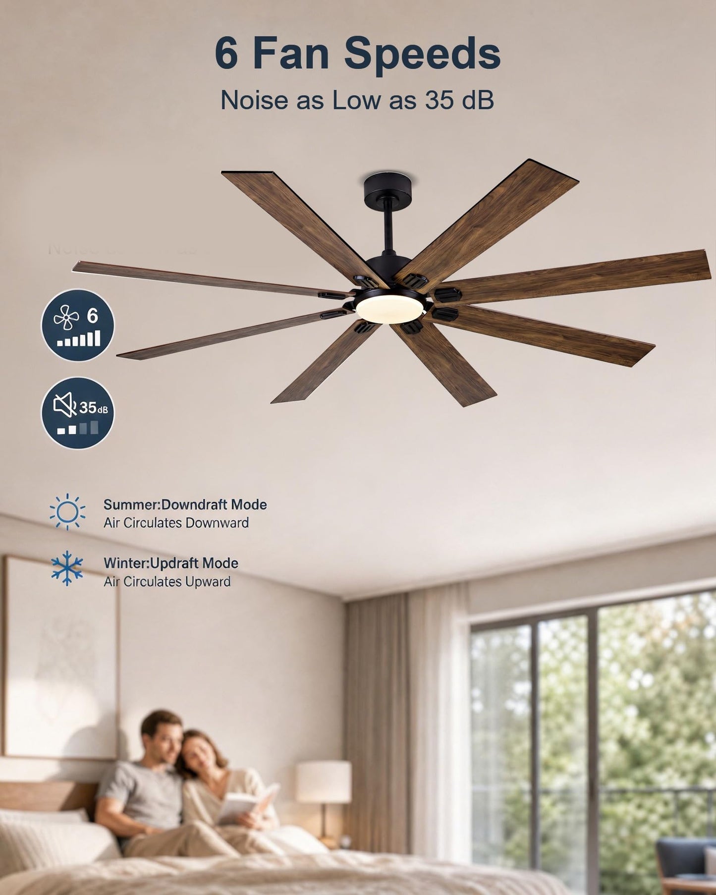 MYLLIUIM Ceiling Fans with Lights, 72 Inch Brown Indoor Fan with Remote and App Control, Dimmable LED Light, 6 Speeds, Reversible Airflow, Low Noise