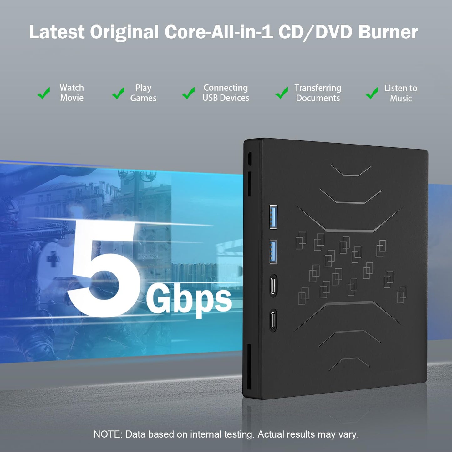 7 in 1 External DVD Drive, External CD/DVD Drive for Laptop USB 3.0 & Type-C, Portable CD/DVD +/-RW Disk Drive, CD/DVD Burner CD ROM External Drive