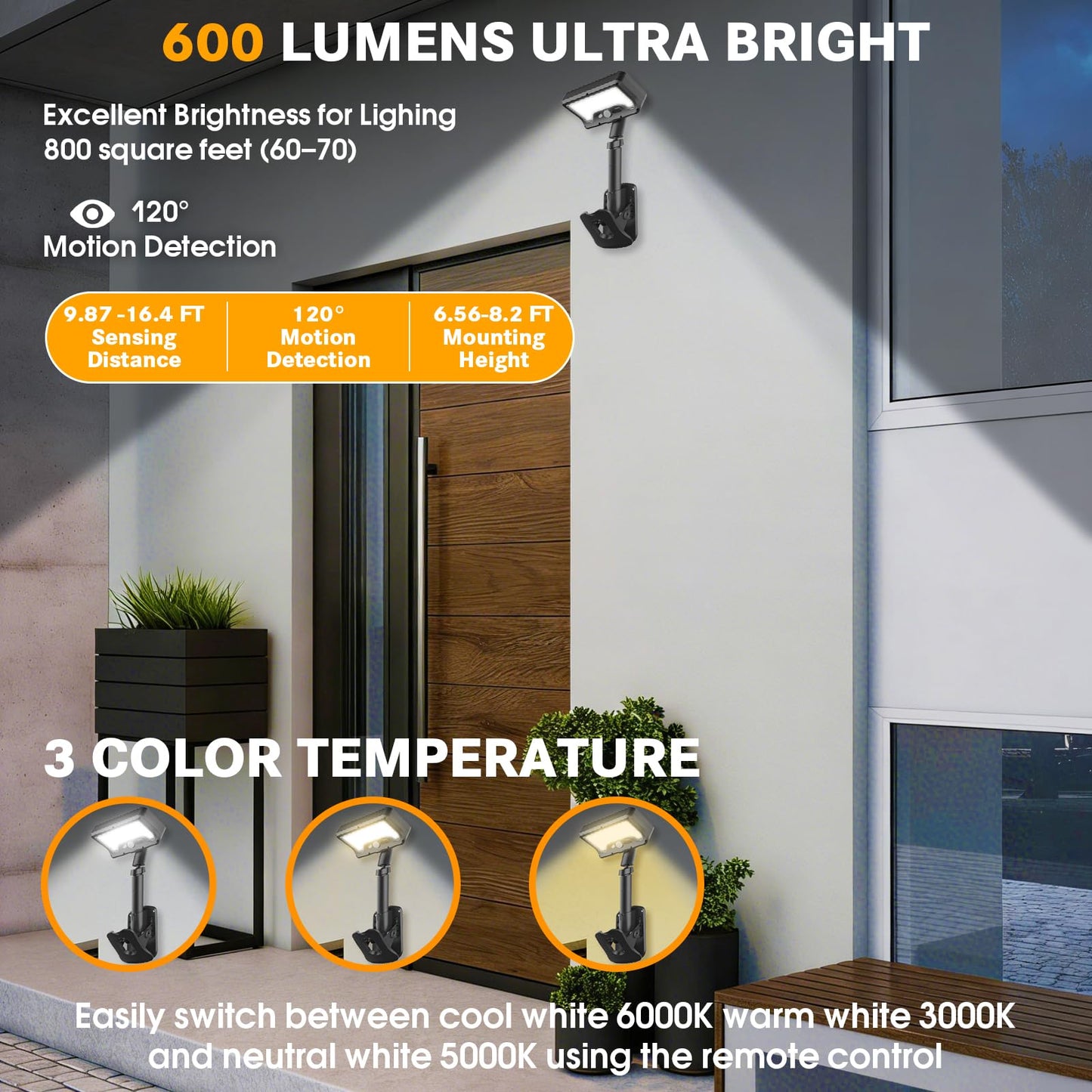 Pacify Clip On Solar Lights Outdoor with Motion Sensor, 92 LEDs 600LM Solar Fence Lights IP65 Waterproof, Adjustable Security Lights for Gutter Deck