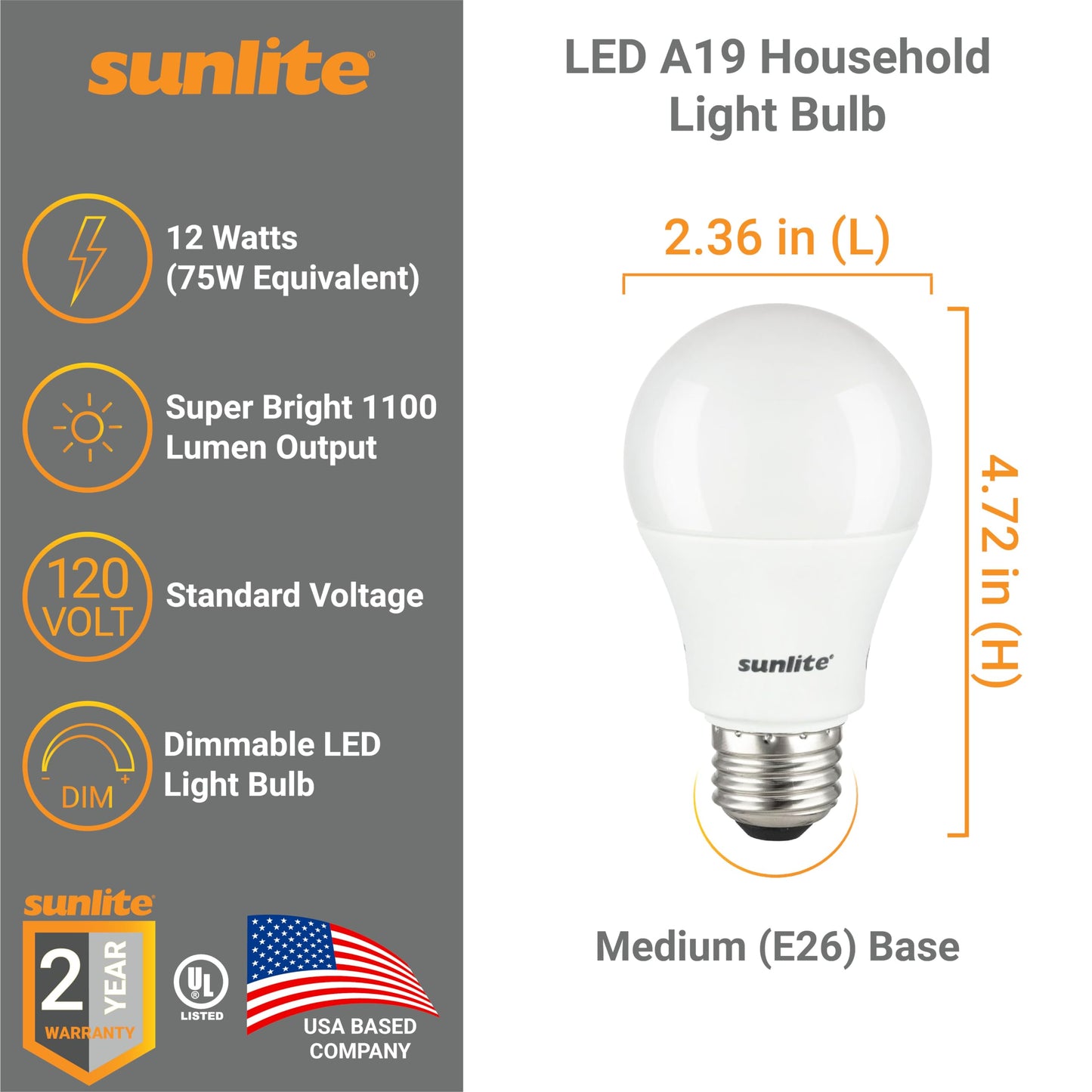 Sunlite LED A19 Household Light Bulb, 12 Watt (75W Equivalent), 1100 Lumens, Medium E26 Base, 220 Degree Beam Angle, UL Listed, 5000K Super White, 6