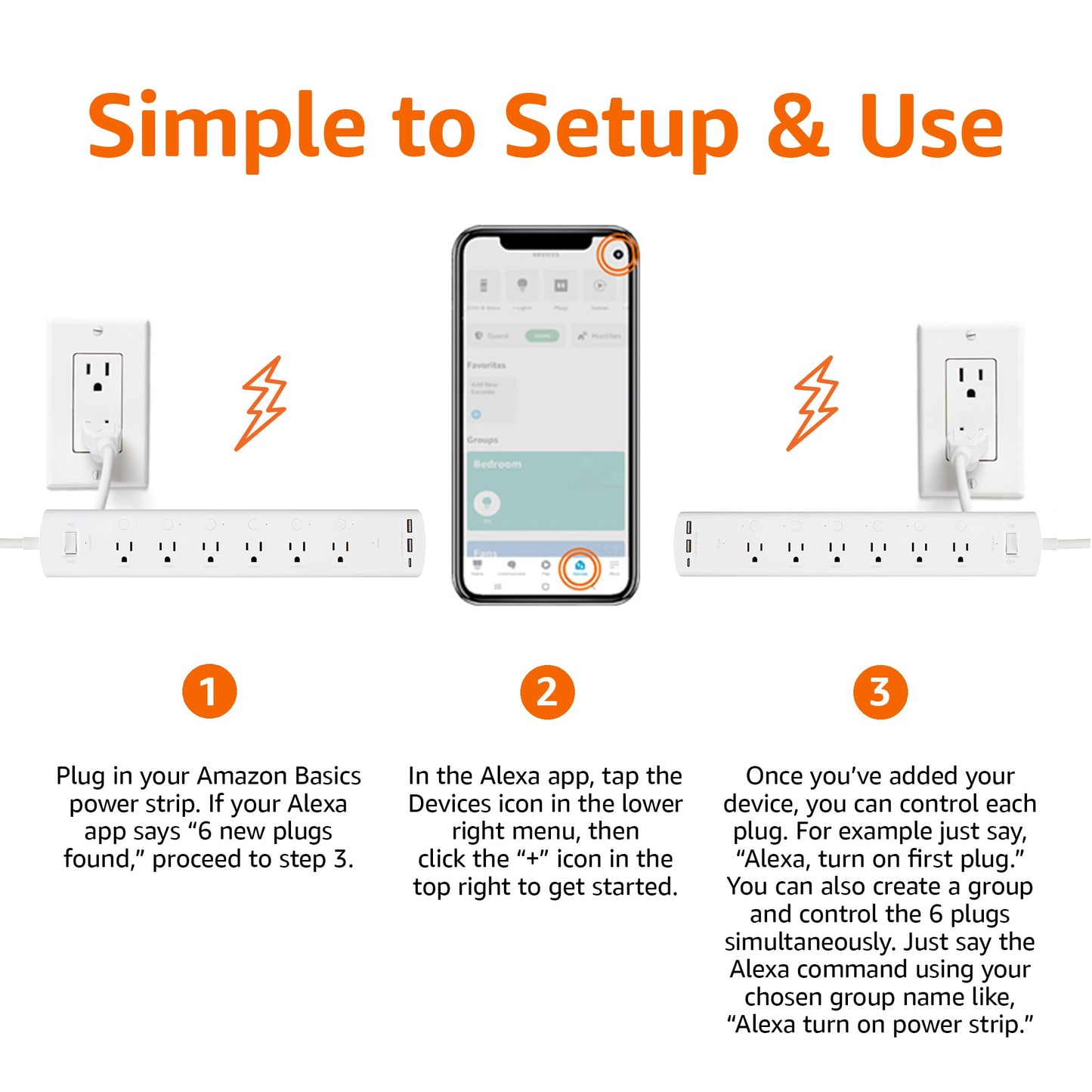 Amazon Basics Smart Plug Power Strip with 6 Individually Controlled Outlets and 3 USB Ports (2 USB-A and 1 USB-C), WiFi, Works with Alexa Only, 2.4