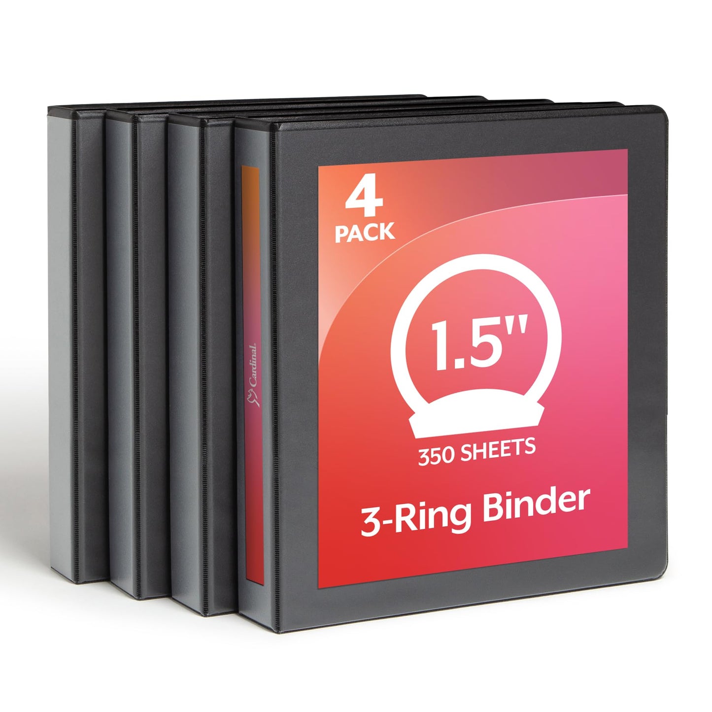 Cardinal Economy 3 Ring Binder, 1.5 Inch, Presentation View, Black, Holds 350 Sheets, Nonstick, PVC Free, 4 Pack of Binders (79519)