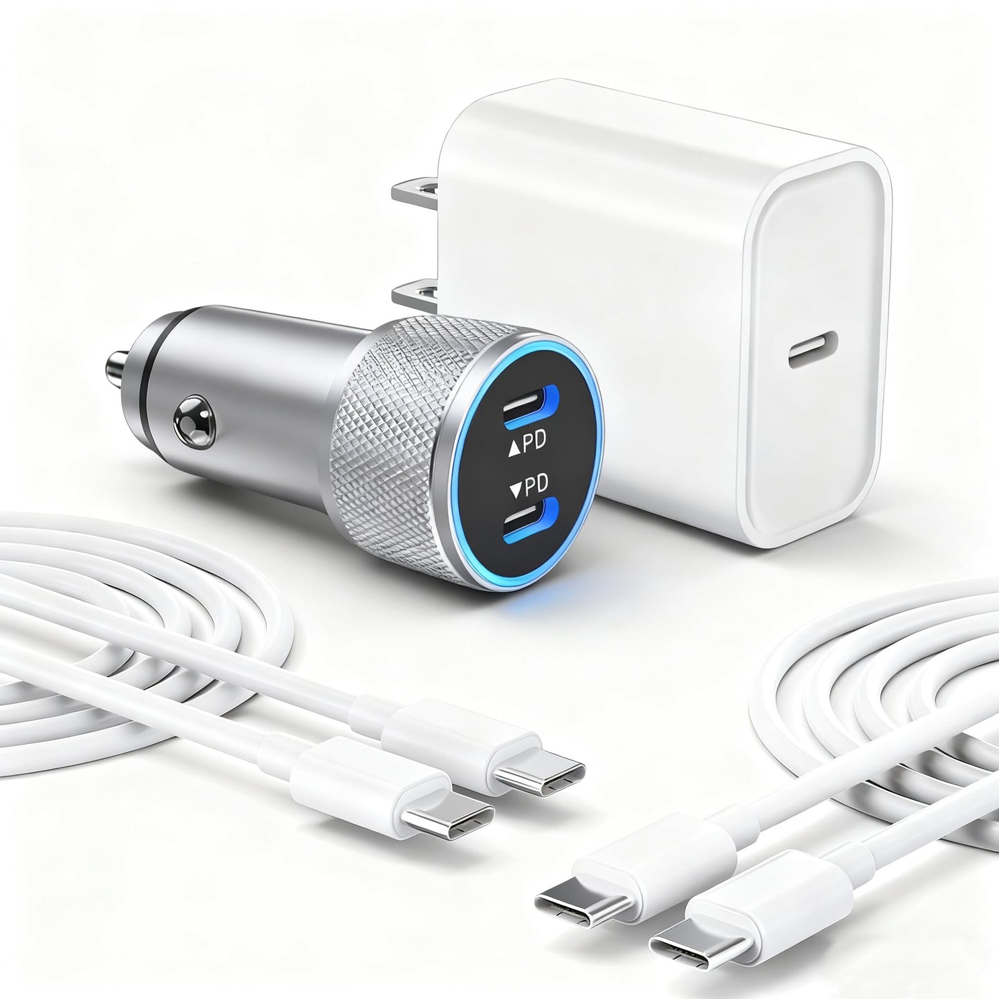 iPhone 17 16 15 Car Charger, 20W Dual Port USBC Fast Car Charger with 20W PD Type C Adapter + 2Pack 3FT USB C to C Charging Cable Fast Charging