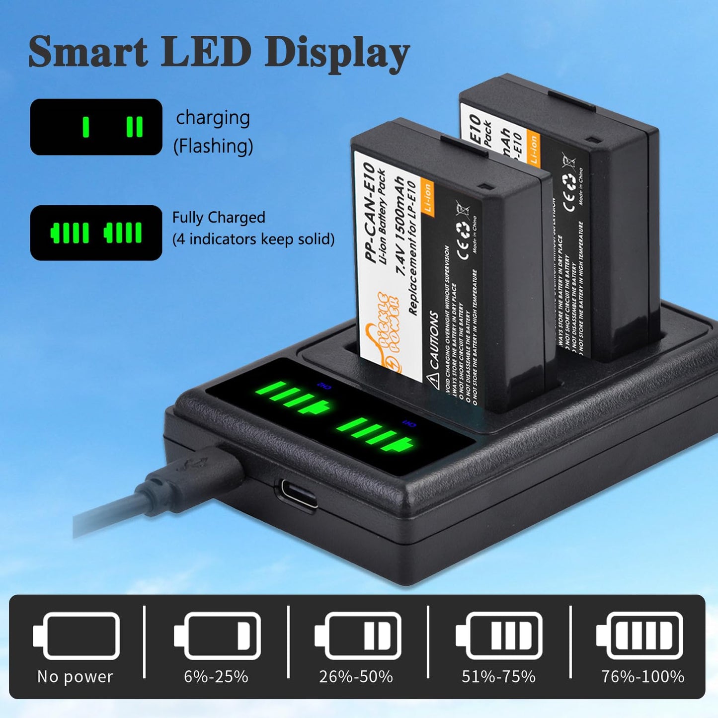 Pickle Power LP-E10 Battery 2-Pack and LED Dual Charger for Canon EOS Rebel T7 T6 T5 T3 T100, EOS 2000D, 3000D, 4000D, 1200D 1100D 1300D 1500D, KISS