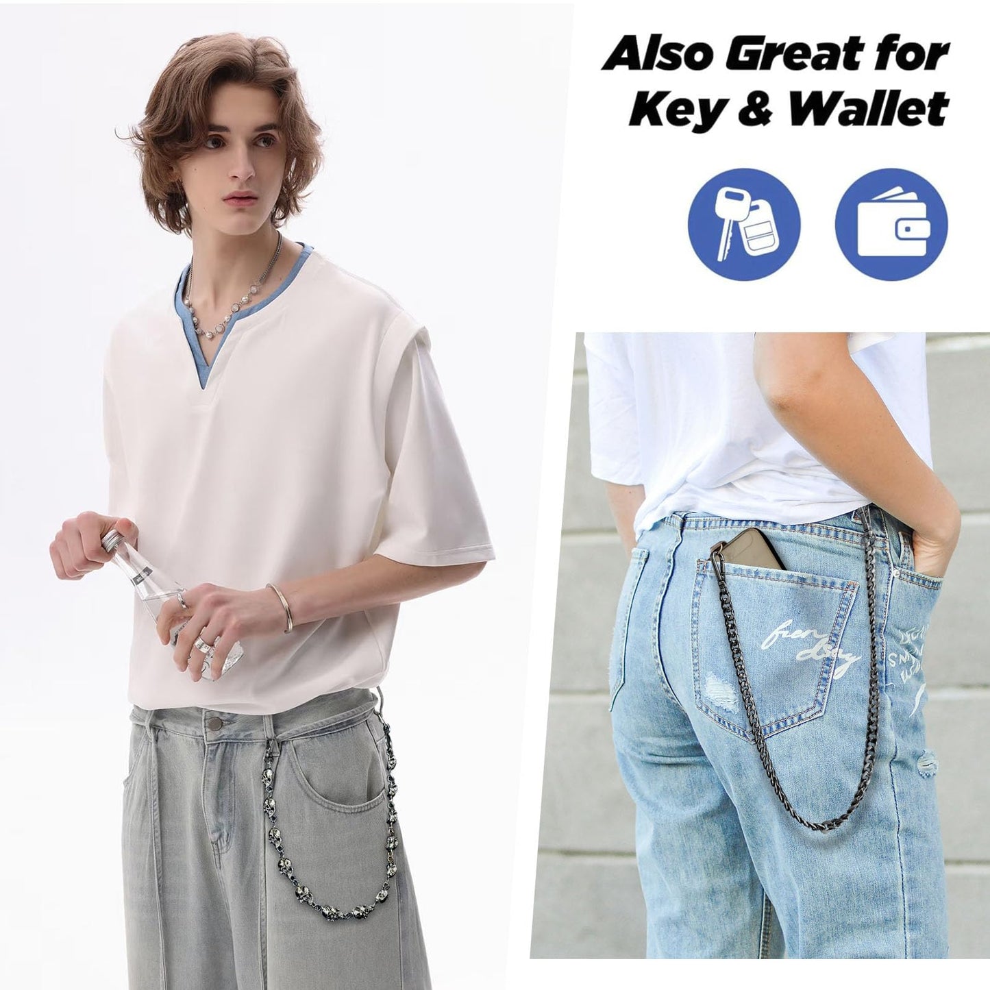 2 pcs Trouser Chains for Men Women Pants Wallet Phone Pocket Chain Jean Biker Belt Lanyard Anti Theft Metal Hip Hop Punk Goth Accessories with 3 Phone