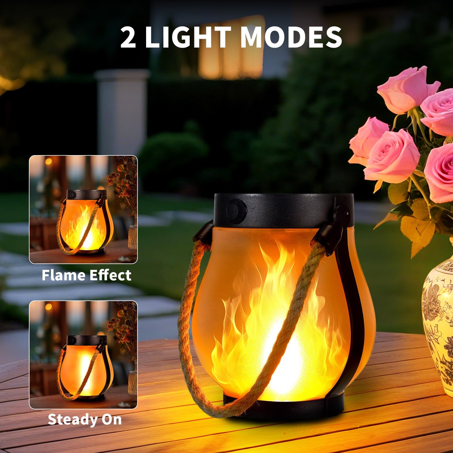 2 Pack Solar Flame Lantern Lights - Flickering Flame Hanging Lanterns Outdoor, Waterproof Garden Lights with 2 Modes Dual Charging USB & Solar Yard