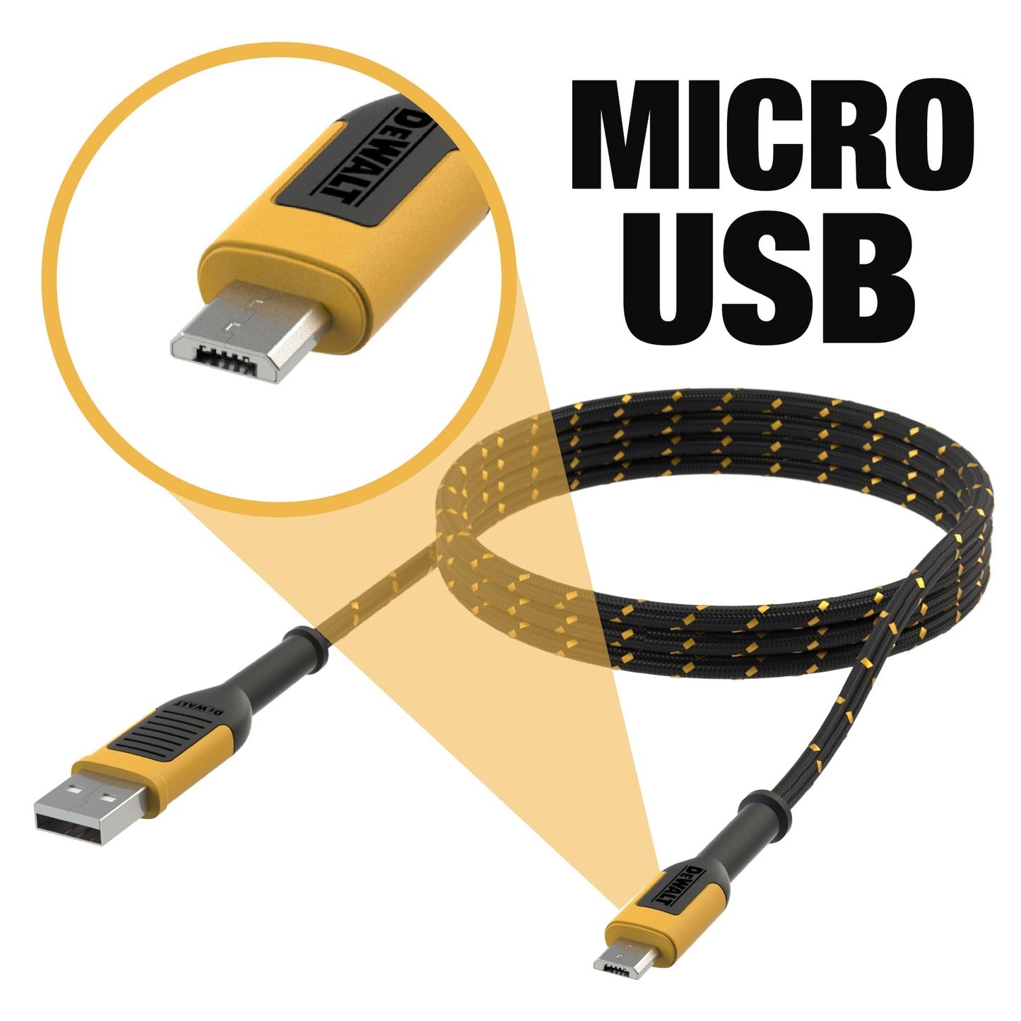 DEWALT Heavy Duty USB to Micro-USB Cable, Jobsite Micro USB Connector Cable, High Speed Charging Cord for Compatible Android Phones, Cameras, Legacy