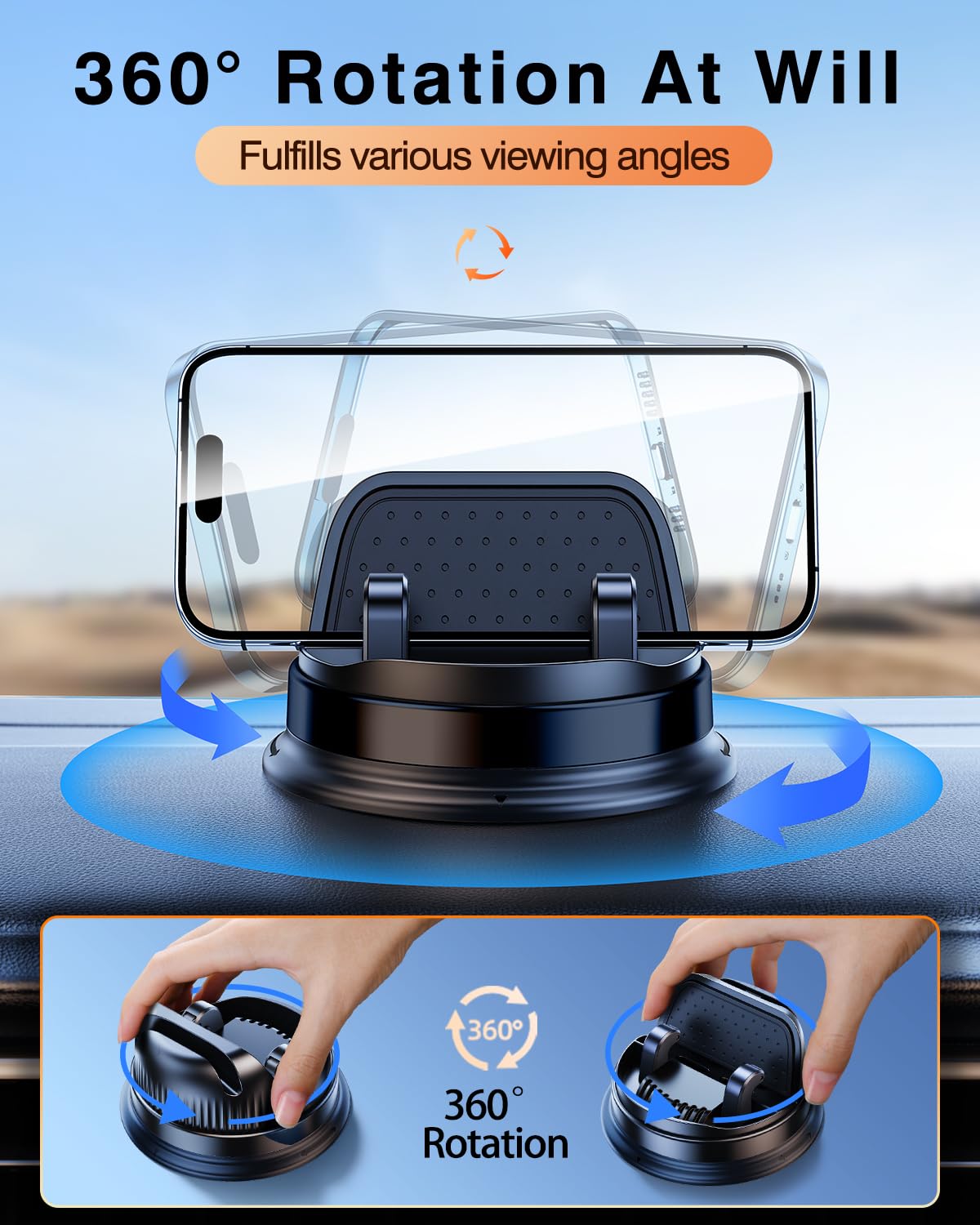 DICMKY Dash Cell Phone Car Mount, Multifunctional Car Dashboard Mobile Phone Holder, 360 Rotatable Universal Dash Mounted Car Phone Stand Hands Free
