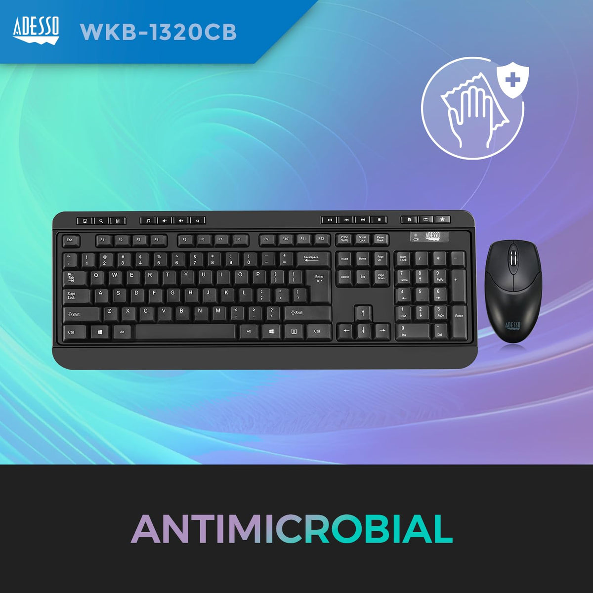Adesso WKB-1320CB Wireless Desktop Keyboard and Mouse Combo, 2.4 GHz