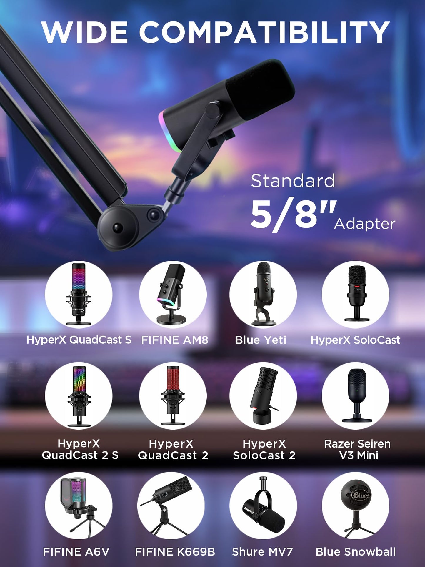 InnoGear Mic Boom Arm Microphone Stand Cable Management for Blue Yeti FIFINE AM8 K669B HyperX QuadCast S SoloCast AT2020 Shure SM7B MV7 and Other