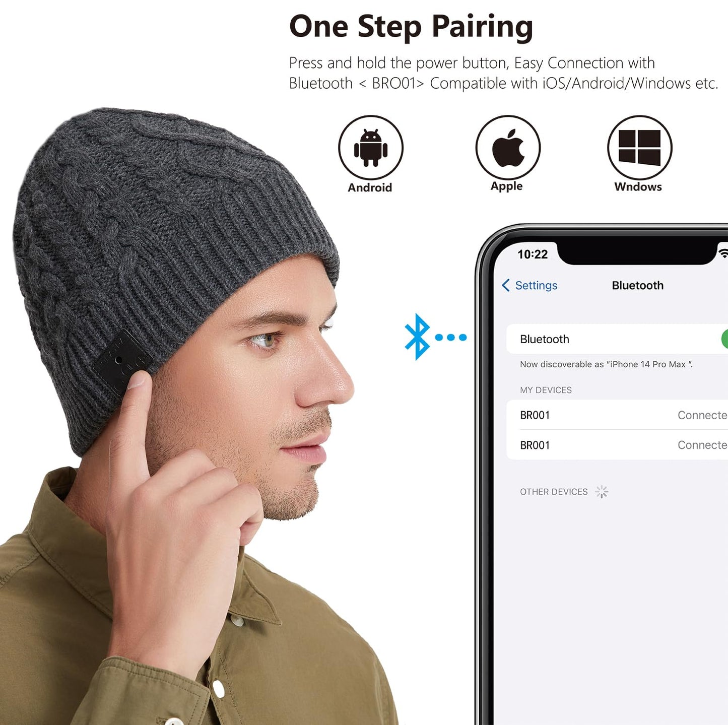 BORAYDA Bluetooth Beanie, Bluetooth 5.2 HD Stereo,30 Hours Play time,Built-in Microphone, Men's/Women's Christmas Electronic Gift (Charcoal)