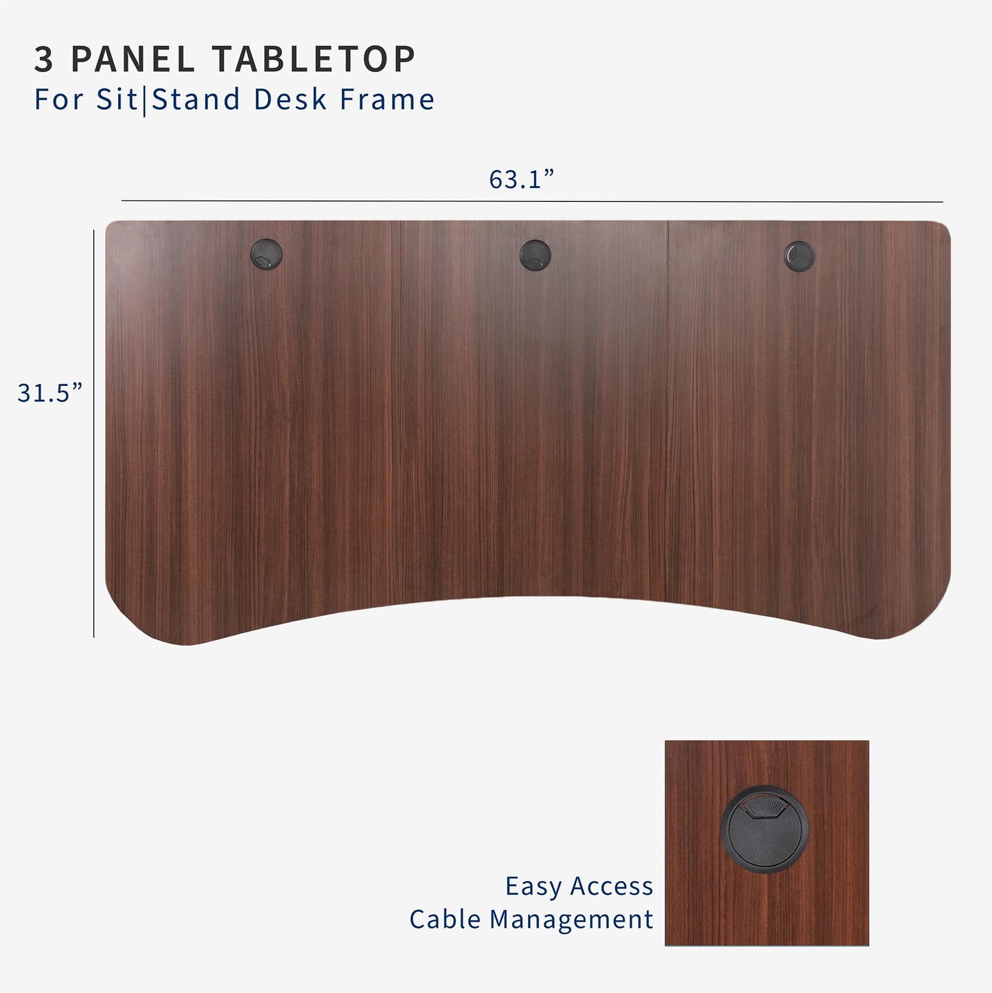 VIVO 63 x 32 inch Universal Table Top for Standard and Sit to Stand Height Adjustable Home and Office Desk Frames, 3 Section Desktop, Dark Walnut