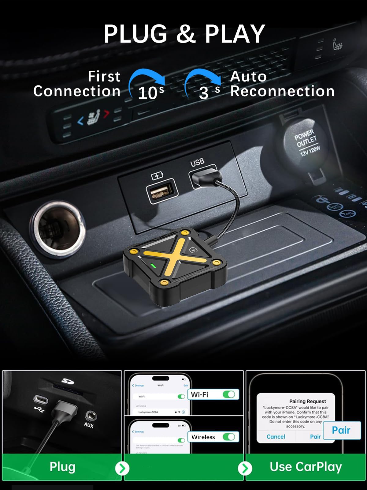 Velontork Wireless CarPlay Adapter for Apple iPhone - Bluetooth 5.3 Plug & Play, No Latency, Auto Reconnect, Compatible with 2016+ Factory Wired