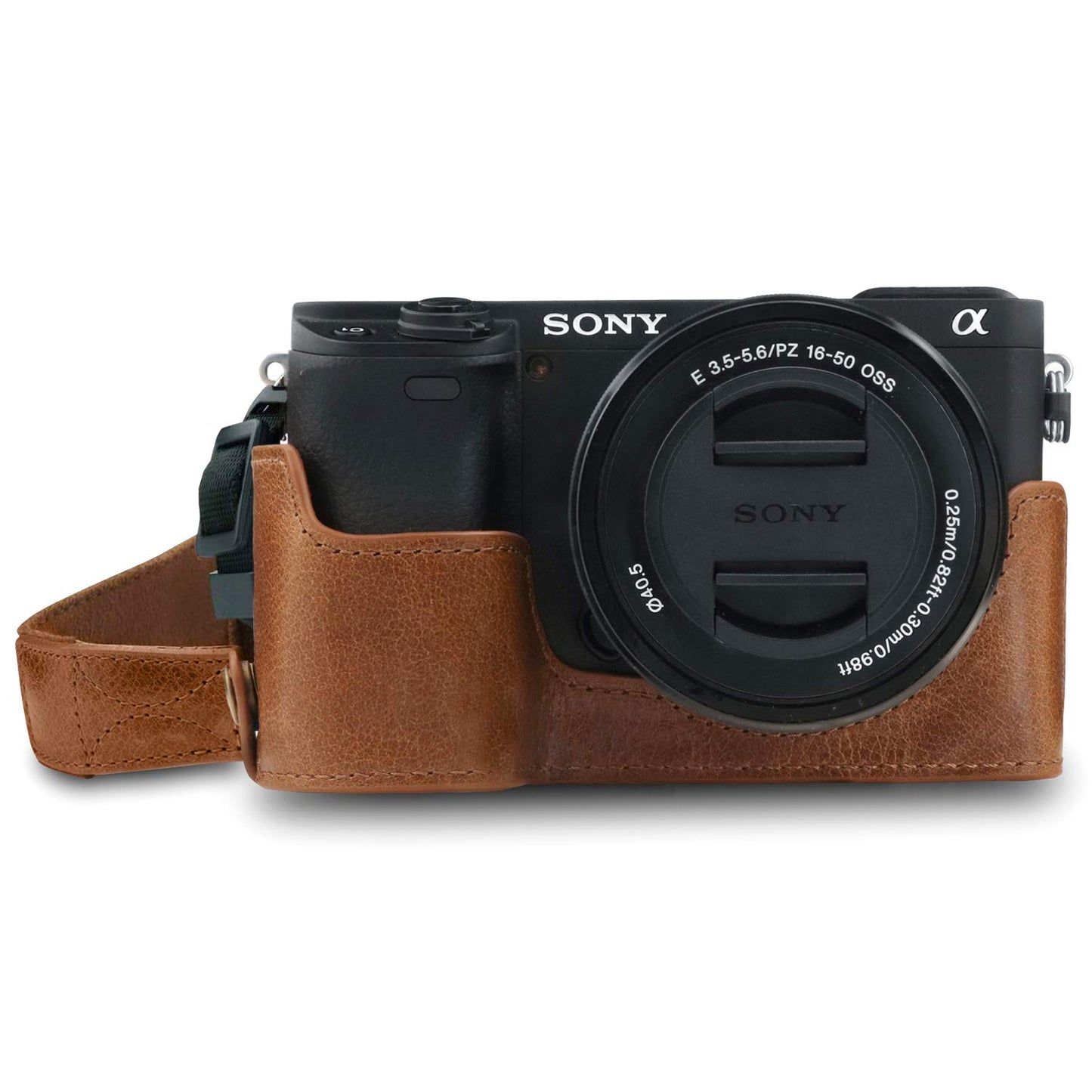 MegaGear MG1642 Ever Ready Genuine Leather Camera Half Case compatible with Sony Alpha A6100, A6400 - Brown