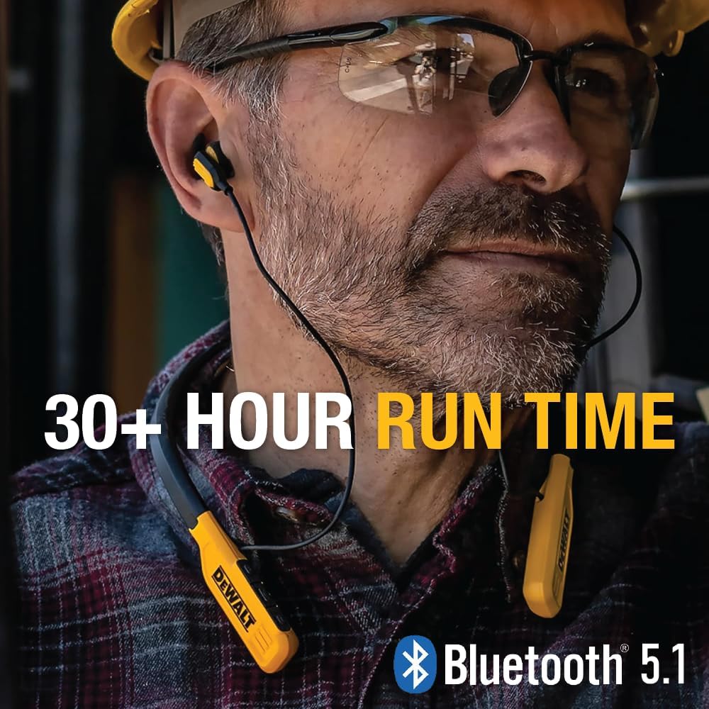 DEWALT Heavy Duty Bluetooth Neckband Headphones, Wireless Around The Neck Earbuds w/ 30H Runtime + Noise Isolation, Secure Magnetic Wireless Earbuds