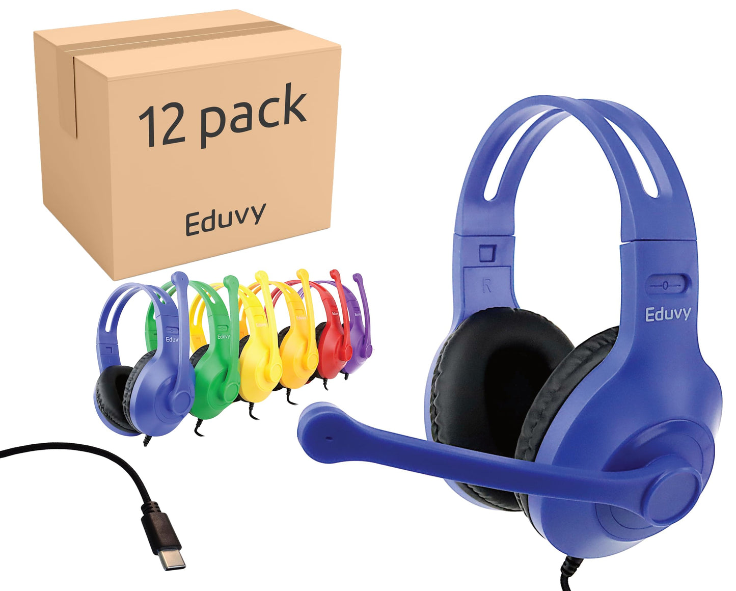 Eduvy Bulk Type C Headphones for Classroom with Microphone. Heavy-Duty School Pack Wired Headphones for Students with Rotating Boom Mic. Fits USB C