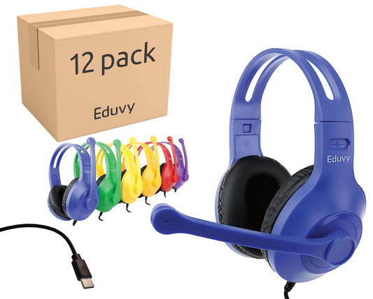 Eduvy Bulk Type C Headphones for Classroom with Microphone. Heavy-Duty School Pack Wired Headphones for Students with Rotating Boom Mic. Fits USB C