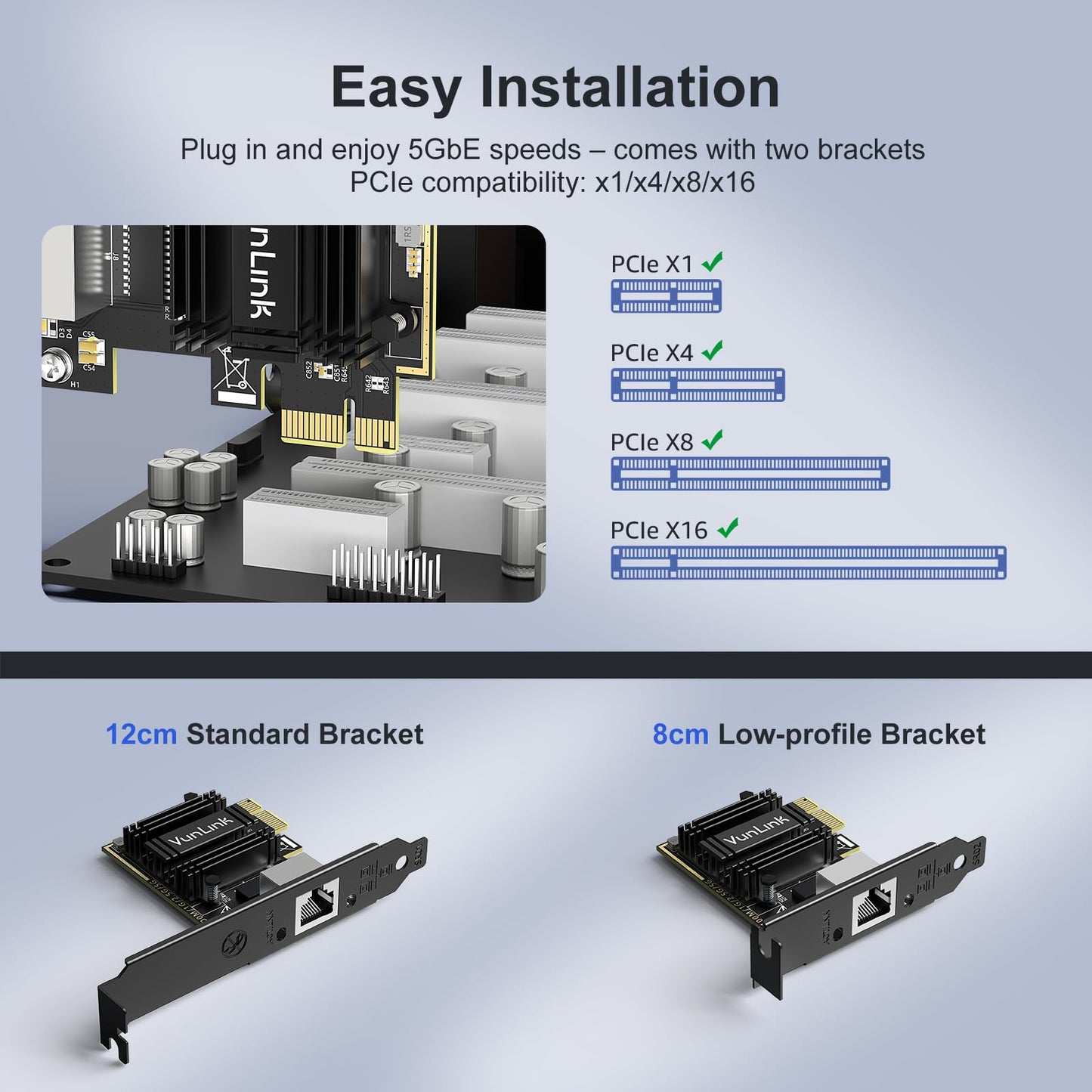 5Gb PCIe Network Card, VunLink 5 Gigabit Ethernet Card, Realtek RTL8126B LAN Adapter, Multi-Speed 5Gbps/2.5Gbps/1Gbps NIC Card for Desktop PCs