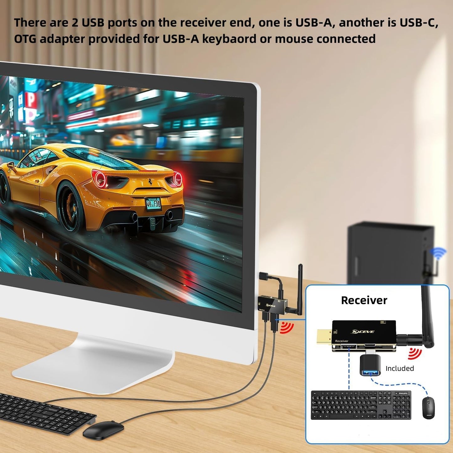HDMI Wireless Transmitter and Receiver, KVM Function HDMI Wireless Extender Kit with Antenna, No Shell Desigh for Better Heat Dissipation, 200m/656ft