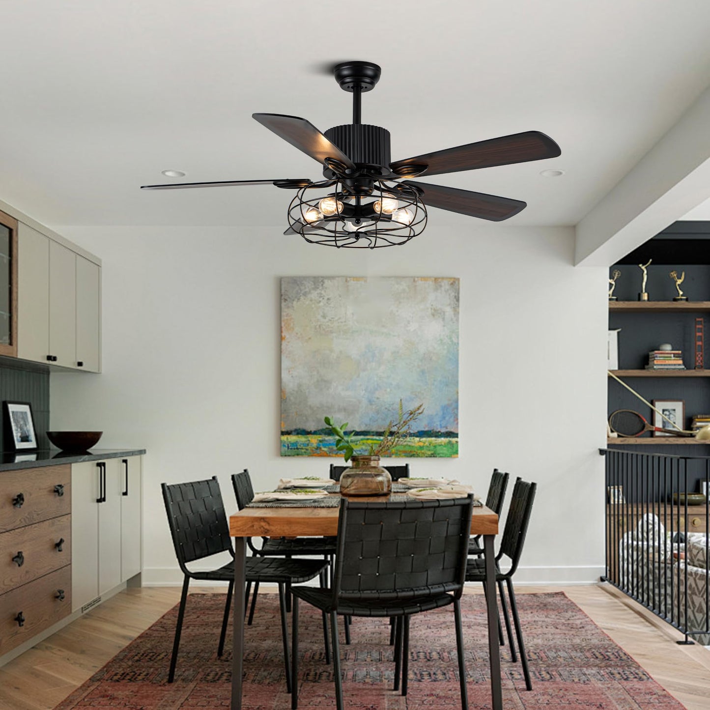 NA 52'' Retro Industrial Ceiling Fan with Iron Cage, Remote Control&Pull Chains, 5 Wood Reversible Blades, Vintage Pendant Light Fan