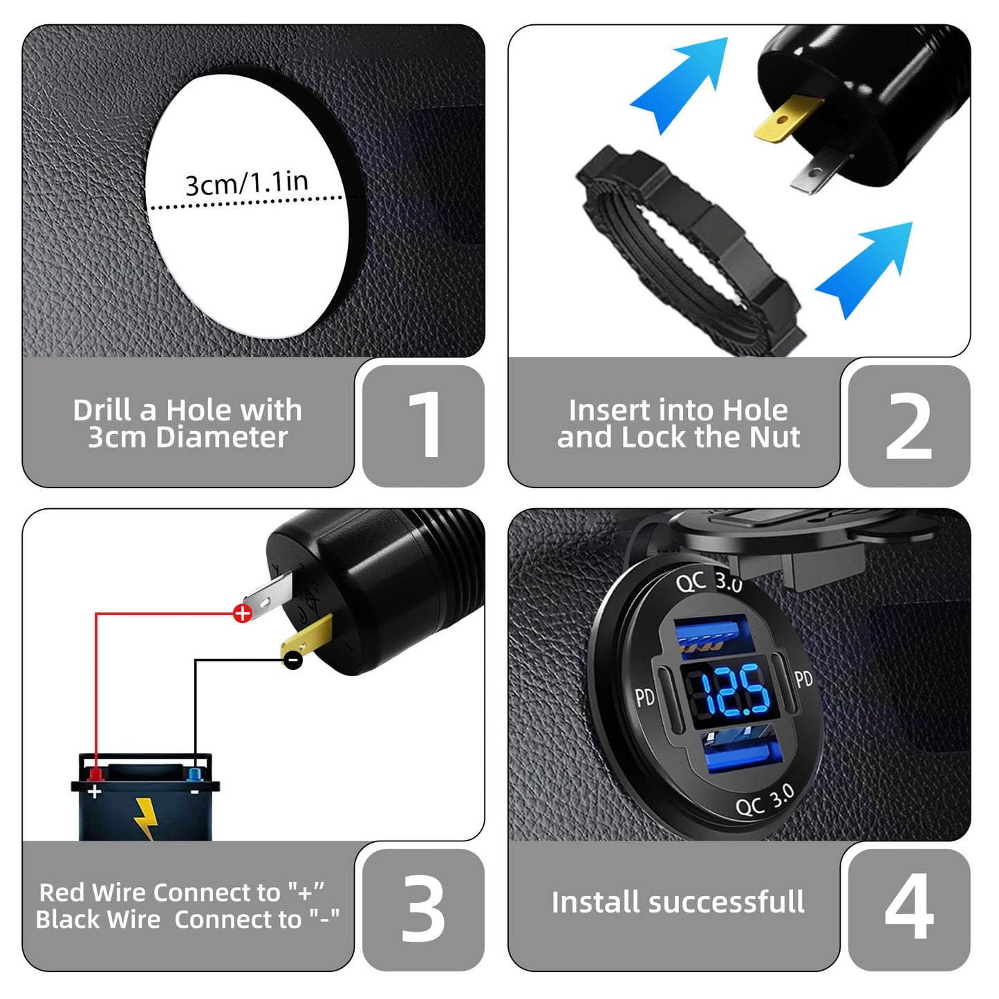 Upgraded 4 Port 12V USB Outlet, 78W Dual PD & QC Aluminum Alloy USB Ports with LED Voltmeter Waterproof for Cars, Cigarette Lighter Replacement 12V