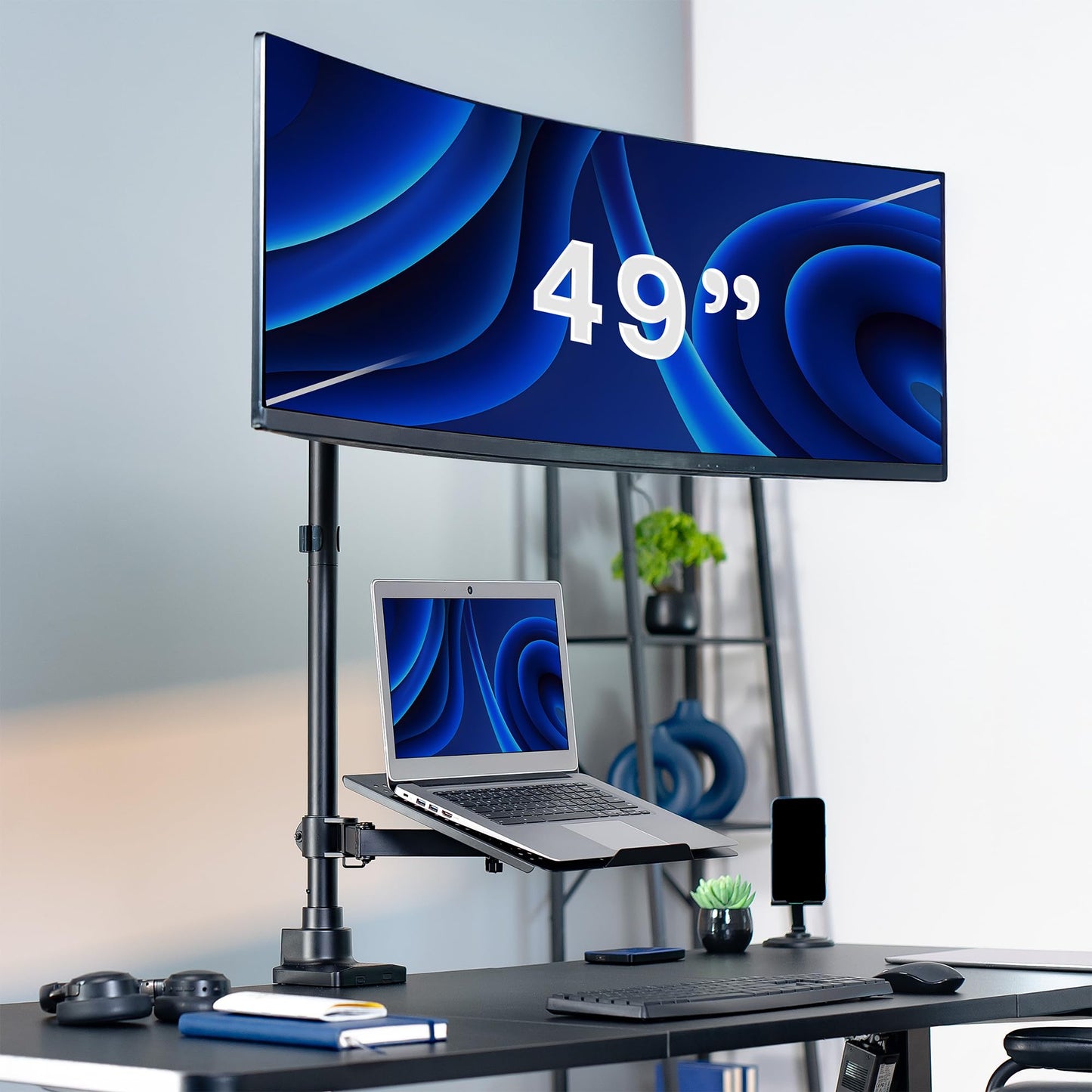 VIVO Extra Tall Desk Mount for up to 49 inch Ultra-Wide Monitor and Tray for up to 17 inch Laptop, Clamp-on Adjustable Stand Holds 44 lb Screens, VESA