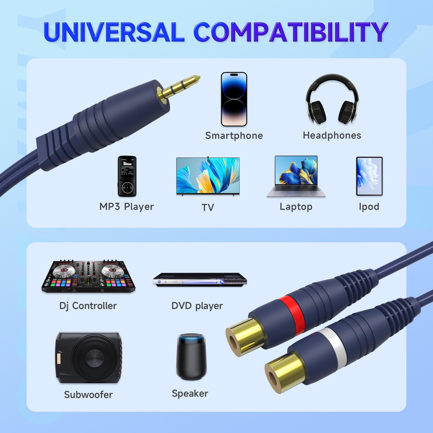 YIMATEECO RCA to AUX Adapter, 3.5mm to RCA Y Cable 1 Male to 2 Female Jack Stereo Y Adapter Auxiliary Cord for Subwoofer, Speaker, AMP, Turntable