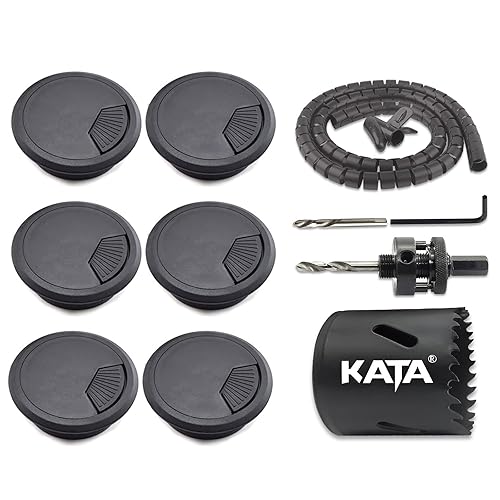 KATA 6-Pack Desk Grommet 2 Inch (50mm) Wire Cord Cable Desk Hole Cover with Bi-Metal Hole Saw Kit and Cord Wire Wrap Coiled Tube Sleeve Management, 2M