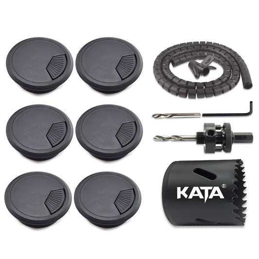 KATA 6-Pack Desk Grommet 2 Inch (50mm) Wire Cord Cable Desk Hole Cover with Bi-Metal Hole Saw Kit and Cord Wire Wrap Coiled Tube Sleeve Management, 2M