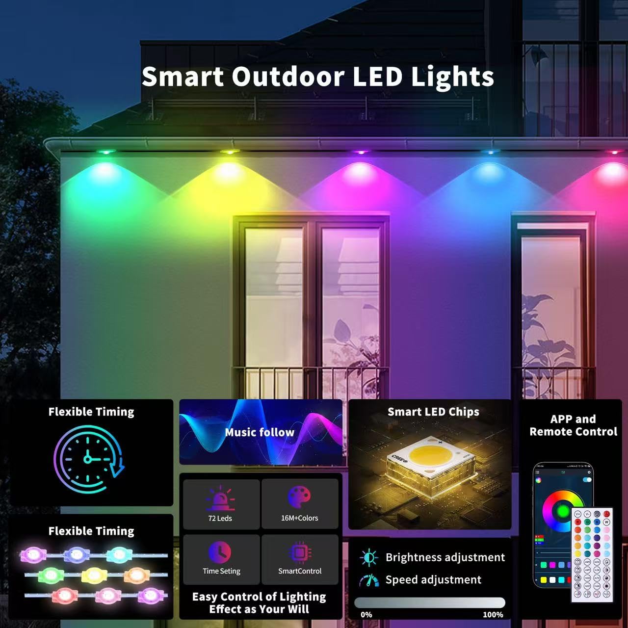 GIOIGOO 100ft Dynamic Smart RGB LED Permanent String Lights App Remote Color Sync Waterproof Outside House Lights Outdoor Transform Backyard Parties