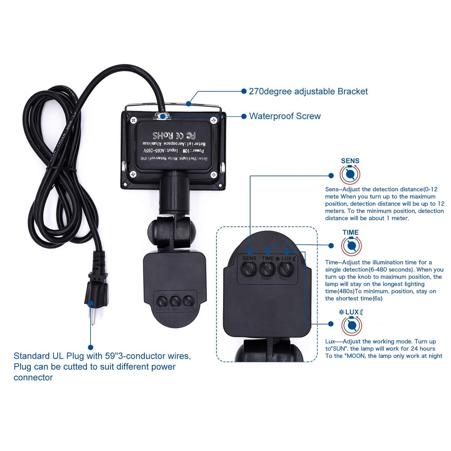 Z Motion Sensor Flood Lights Outdoor,10W Induction LED Lamp, IP65 Waterproof Spotlight,6500K LED Sensor Light,Security Light with US 3-Plug (Daylight