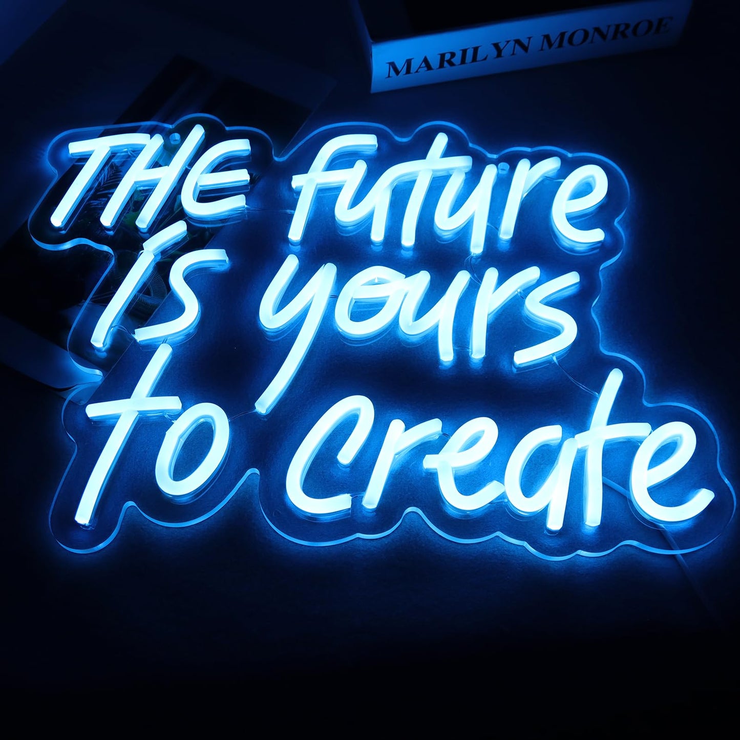 WonderfulLife The Future is Yours to Create Neon Sign for Wall Decor Suitable for Office Man Cave or Bedroom,Fresh Azure Letters Lights can Calm Your