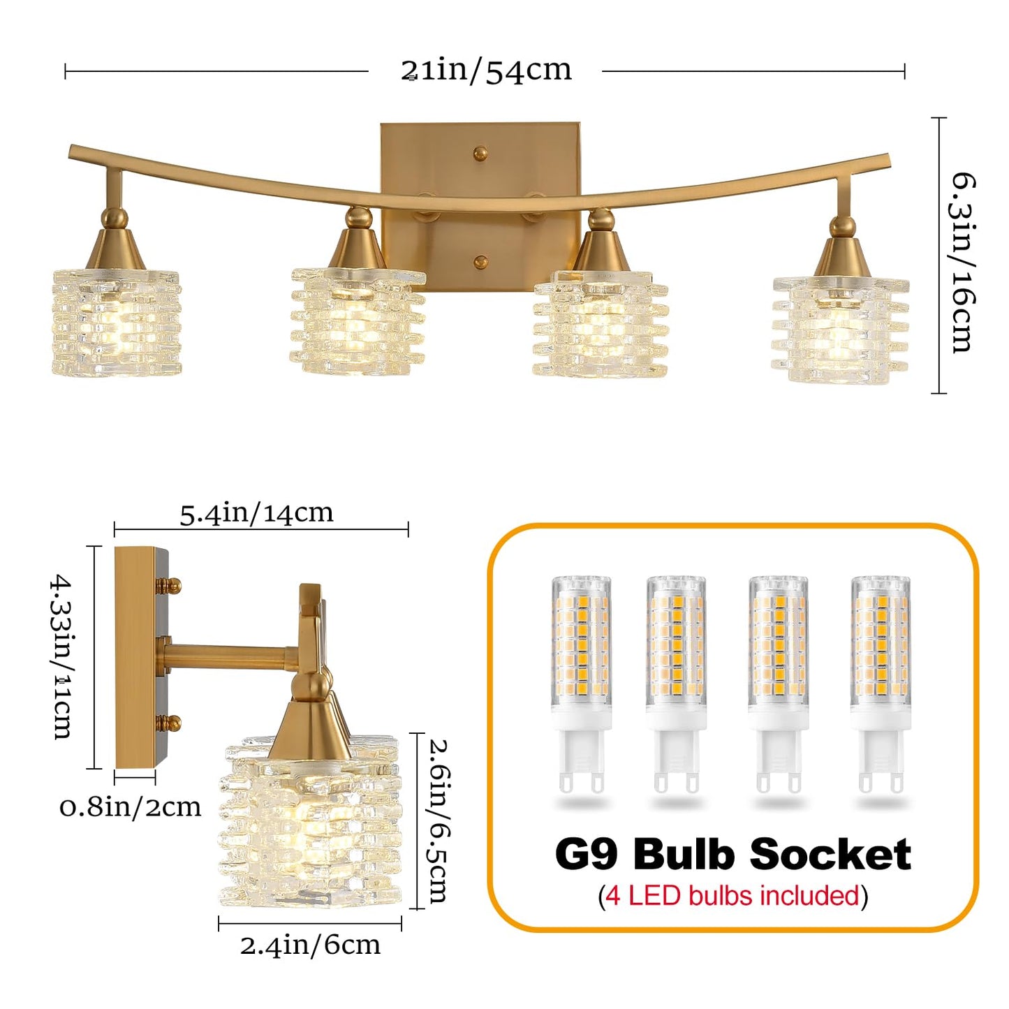 21 Inch Brass Bathroom Light Fixtures, Small Gold 4-Light Modern Vanity Light Over Mirrors, Wall Mount Sconces with Cube Ribbed Glass Shades, G9