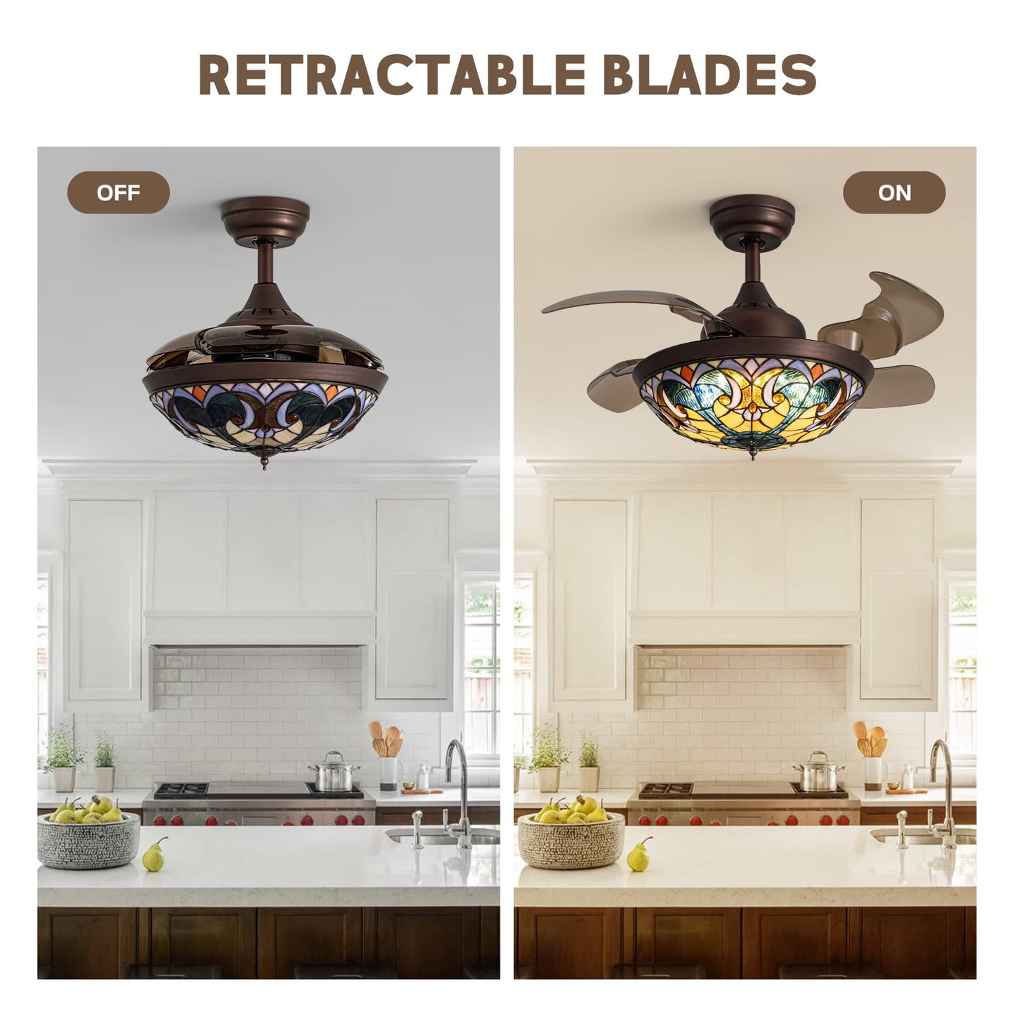 CROSSIO 36" Tiffany Fandelier Tiffany Ceiling Fan with Light Vintage Chandelier Fan Stained Glass Mediterranean Style Ceiling Fans with Lights