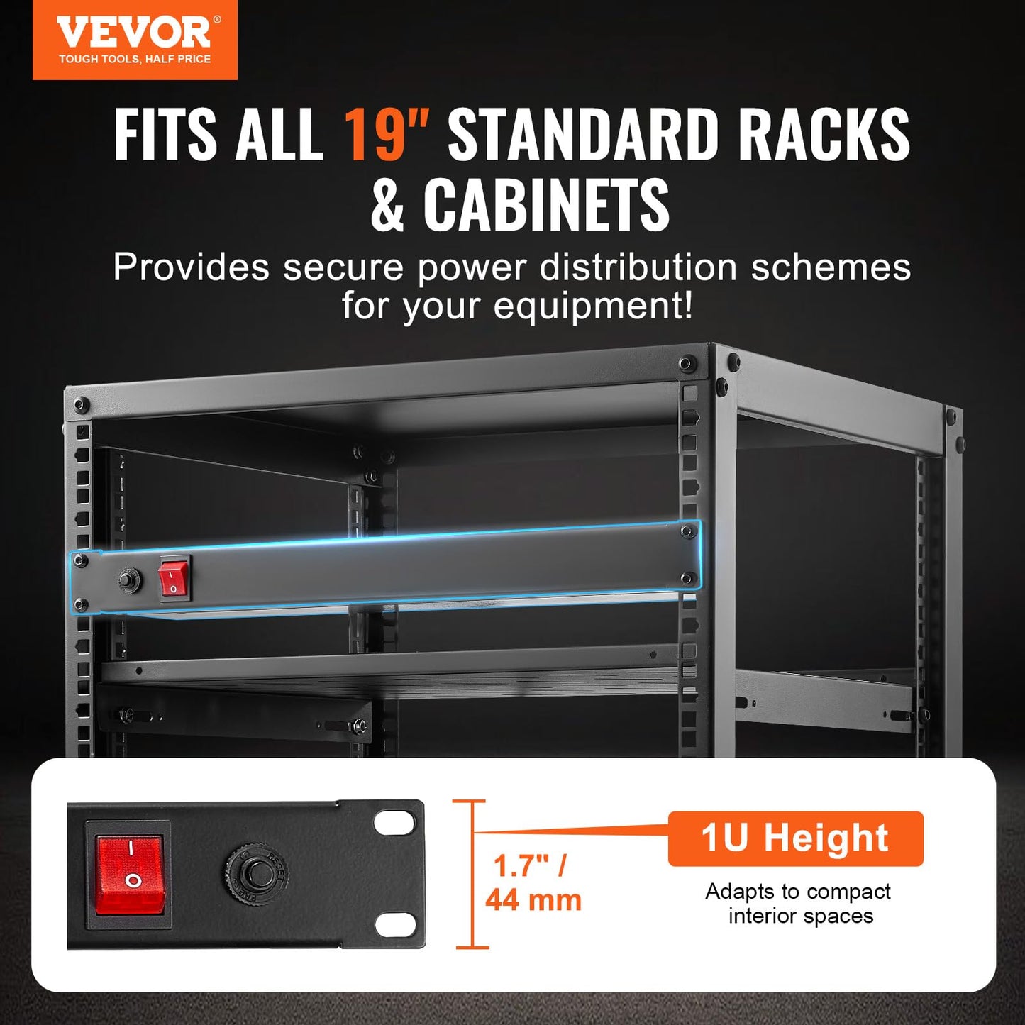 VEVOR 8 Outlet Horizontal 1U Rack Mount PDU Power Strip for Network Server Racks, Surge Protection & Overload Protection, 110-125V/15A, with 6ft 14AWG